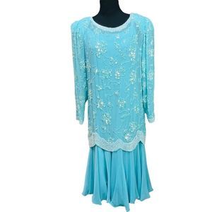 Vintage 70’s Light Blue 100% Silk Formal Dress 2 Piece Slip & Long Beade…
